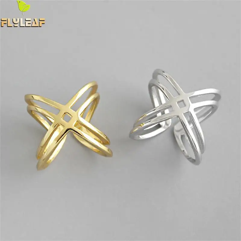 

Flyleaf 100% 925 Sterling Silver Double-layer X-shaped Letters Gold Rings For Women Fashion Fine Jewelry Femme Open Ring Simple