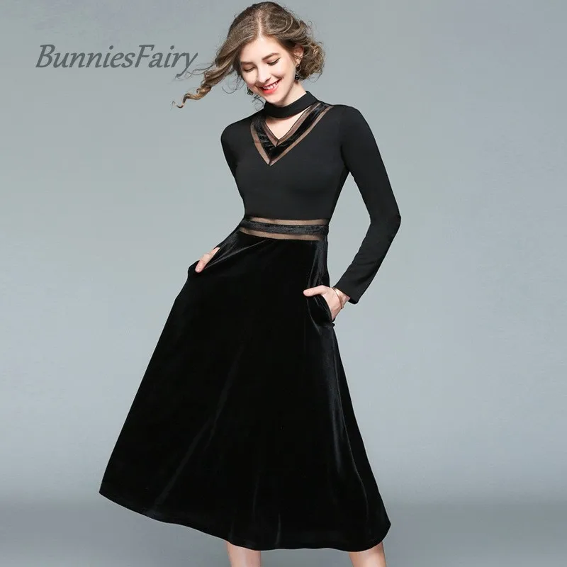 

BunniesFairy 2018 Spring European and American Vintage Style Long Sleeve V Neck Mesh Velvet Stiching Dress Vestido de Festa