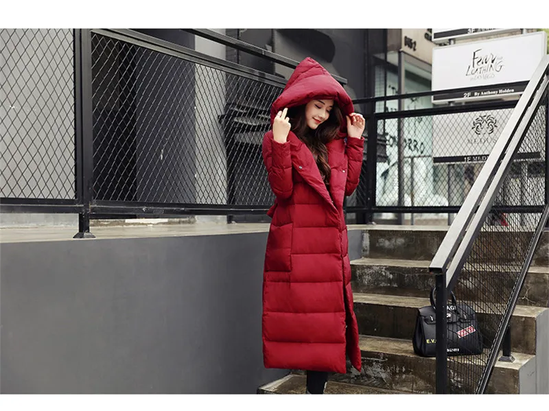 Новое поступление, зимняя женская куртка, модное пальто с капюшоном, с поясом, длинное, до колена, теплая, стильная женская куртка, Jaqueta Feminina ST311