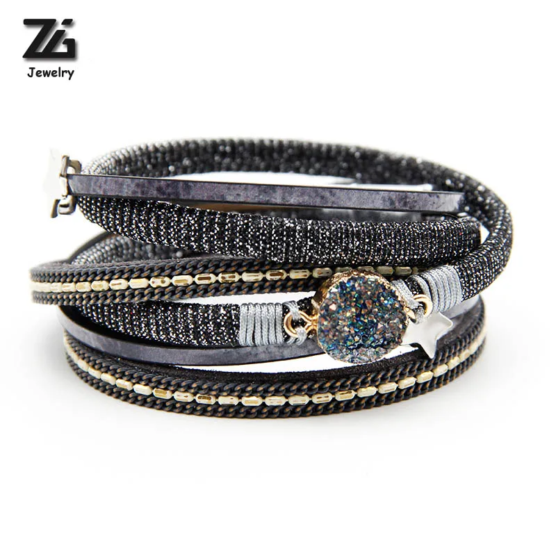 

ZG Jewelry Bracelets for Women Multi-layer Leather Rope with quartz crystals Winding Bracelets Bangles Dropshipping