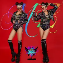 Новые костюмы Женская DJ куртка певца 2NE1 Европа Америка пряный курица красочный Неон летучая мышь рукав куртки женщины Леотард-костюм
