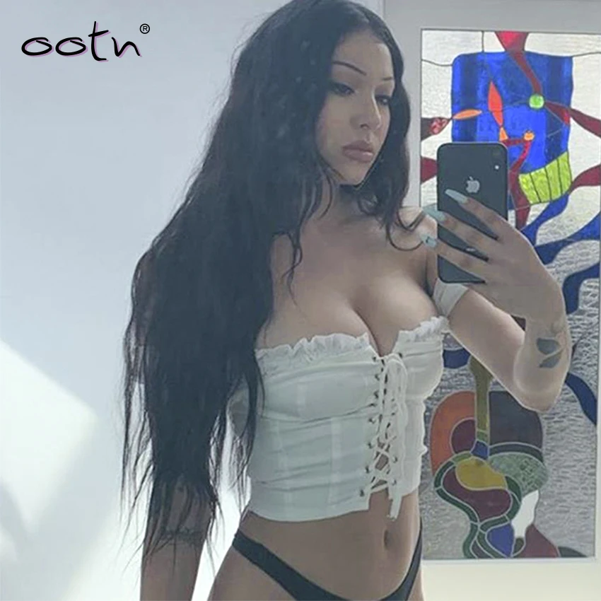

OOTN Lace Up Crop Tops Off Shoulder Frill Summer Top Shirt Women White Blouse Mesh Patchwork Ruffle Female Sexy Blouses 2019