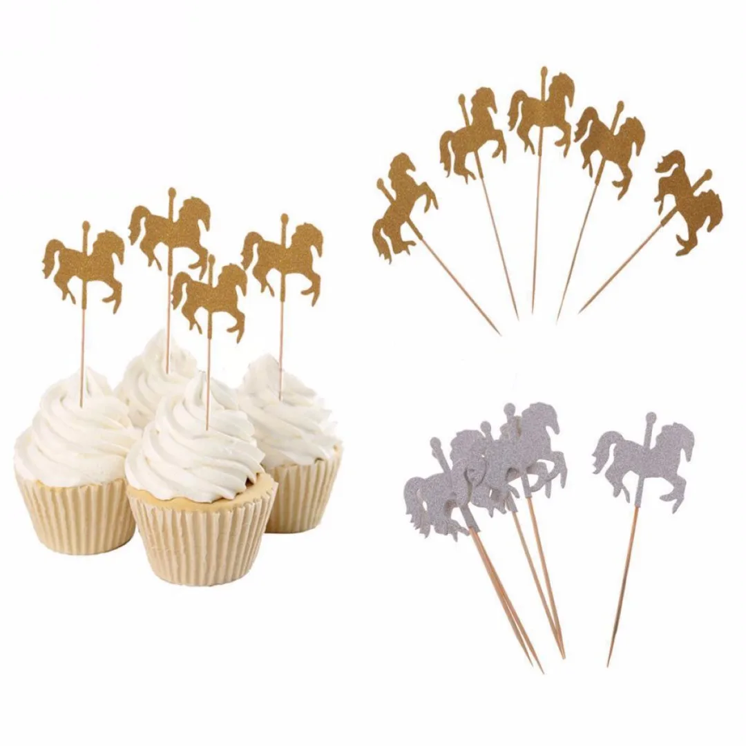 5pcs/set  Glitter Rotating Horse Cupcake Picks Cake Toppers Party Wedding Decoration Gold/Silver