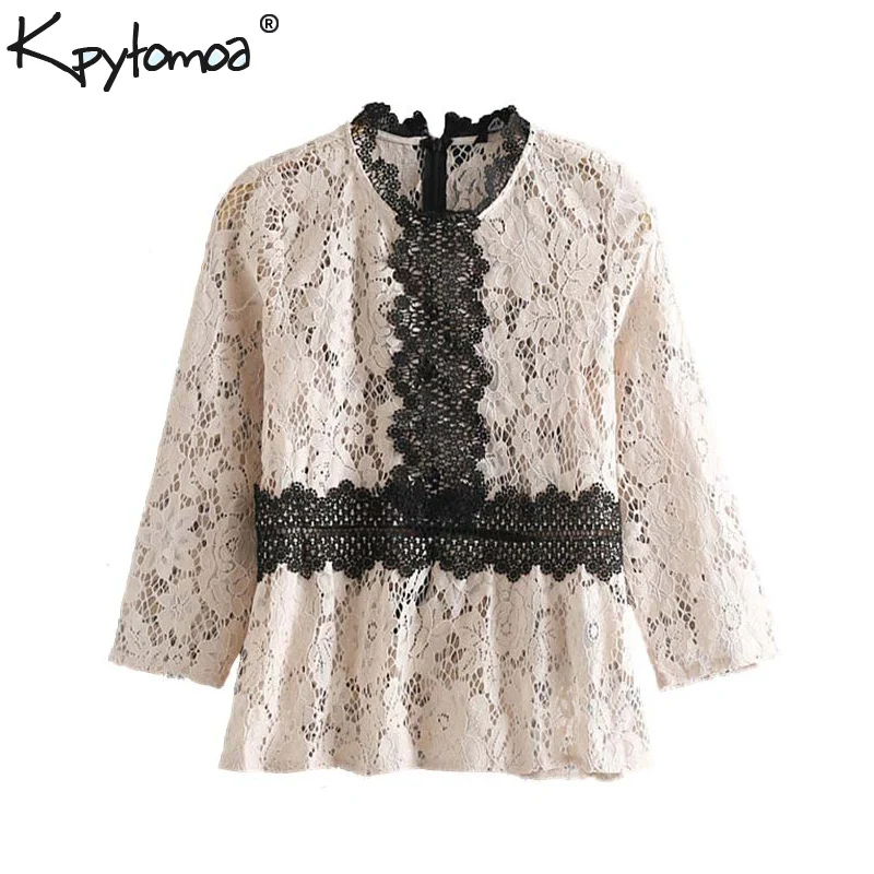 

Vintage Chic Lace Patchwork Tops Women Blouses 2019 Fashion O Neck Three Quarter Sleeve See Through Shirts Casual Blusas Mujer