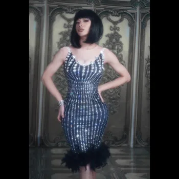 

Sexy Crystals Bodycon Dress Women Sleeveless Rhinestones One-piece Dress Nightclub Dj Singer Stage Dress Performance Costumes