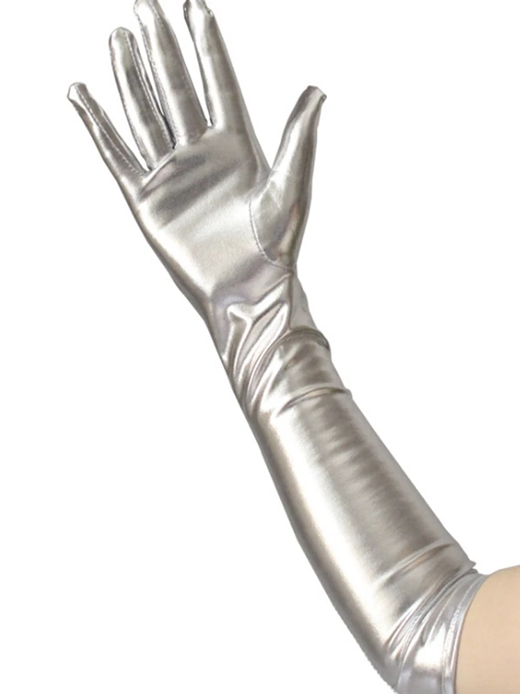Цвета: золотистый, серебристый с мокрым эффектом искусственная кожа перчатки металлик Вечеринка производительность варежки Для женщин Сексуальная Локоть Длина длинные латексные перчатки