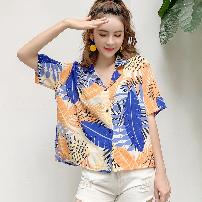 

Harajuku Women Blouse and Tops Printed Vintage Short Sleeve Casual Blusas Hawaiian Beach Shirts