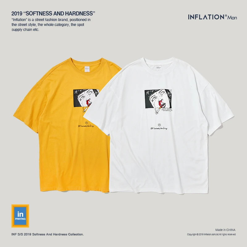 INFLATION Men Clothing Cartoon Funny Printed T-shirt Cotton Fashion High Street Couple Tees Streetwear Swag Top Tee 91195S