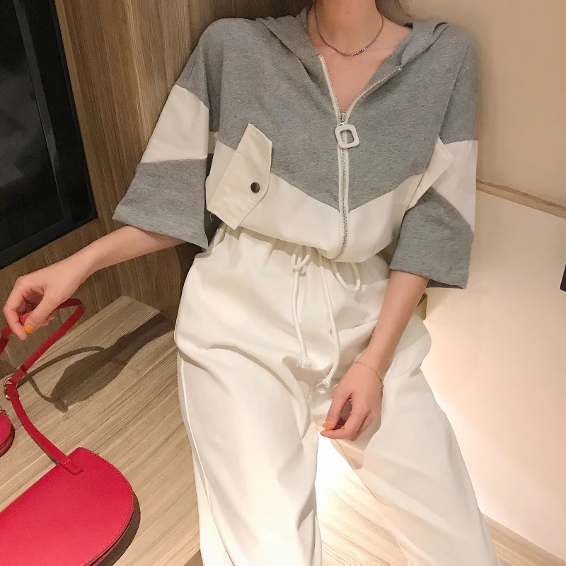 Overall Jumpsuit Female 2019 Summer Short Sleeve Long Pants Loose Korean Hooded Zipper Patchwork Lace Drawstring Playsuits Overall Jumpsuit Female 2019 Summer Short Sleeve Long Pants Loose Korean Hooded Zipper Patchwork Lace Drawstring Playsuits