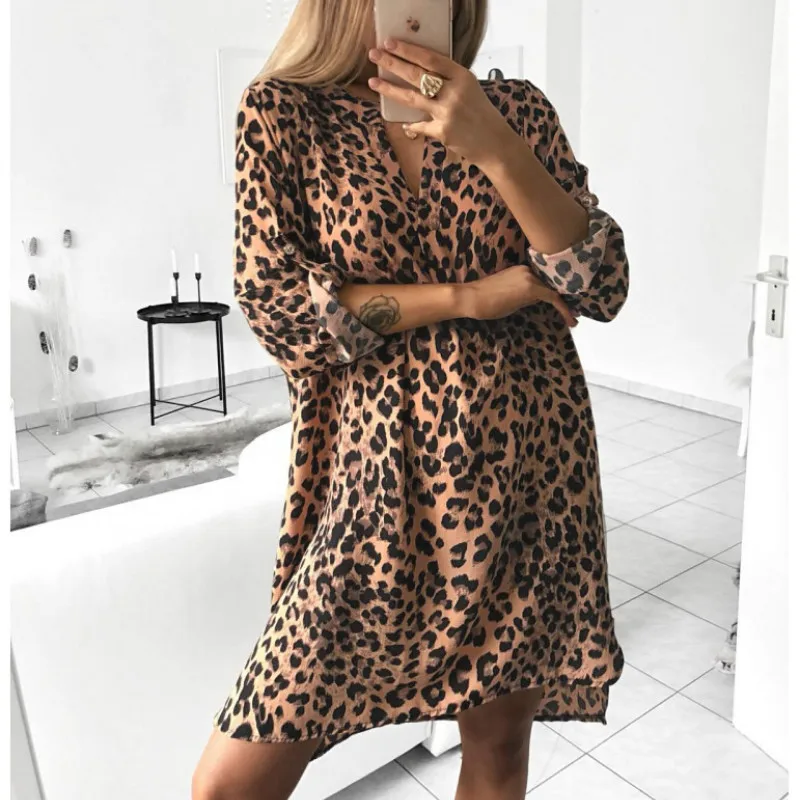 

Casual Sundress Women Autumn Shirt Dress Boho V Neck Irregular Loose Sexy Dress Midi Long Sleeve Leopard Print Beach Dresses Hot