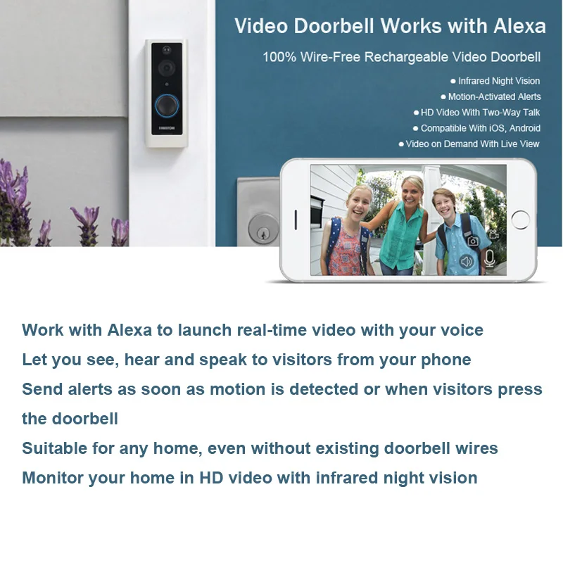 Higestone беспроводная WiFi умная ip-видеокамера двухстороннее аудио приложение управление iOS Android Батарея Облачное хранилище Alexa кольцо дверной Звонок
