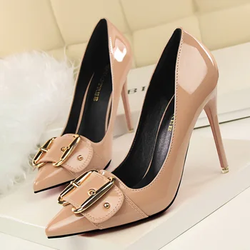 

BIGTREE Fashion Pumps Thin Heeled High Heels Shoes Sexy Pointed Patent Leather Metal Buckle Women Heeled Stiletto G2586-18