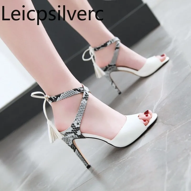 

Spring and summer High heels Fish mouth sandals woemns Fine heel leopard tassel Women's shoes Rome Sexy plus size 34-48