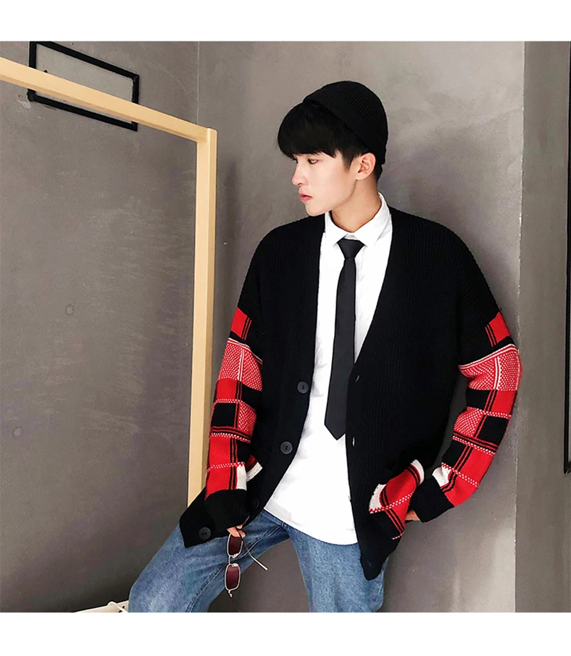 Korean Oversized Sweater Cardigan Men Plaid  (18)