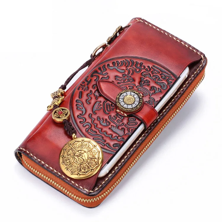 

Original new handmade vintage ethnic style large capacity zipper wallet The first layer of leather snow lion sterling silver Jiu