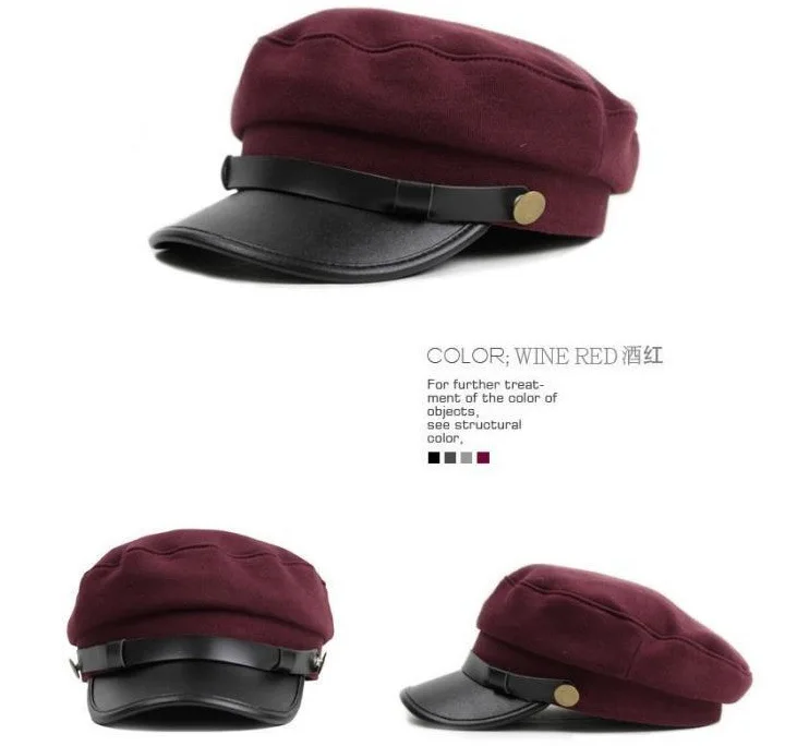 Новая мода моряка корабль лодка Кепка тайн армейские кепки остроконечная Кепка черная бейсбольная кепка s плоская шляпа для женщин Берет шерстяной головной убор - Цвет: wine red