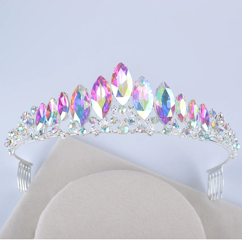 

Silver AB Color Wedding Hair tiara Bride Simple marquise Crystal Women Crowns with comb Bridal Headpiece Hair Jewelry diadema