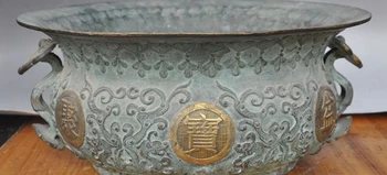 

15" old chinese pure bronze dragon ruyi Treasure bowl incense burner Censer pot