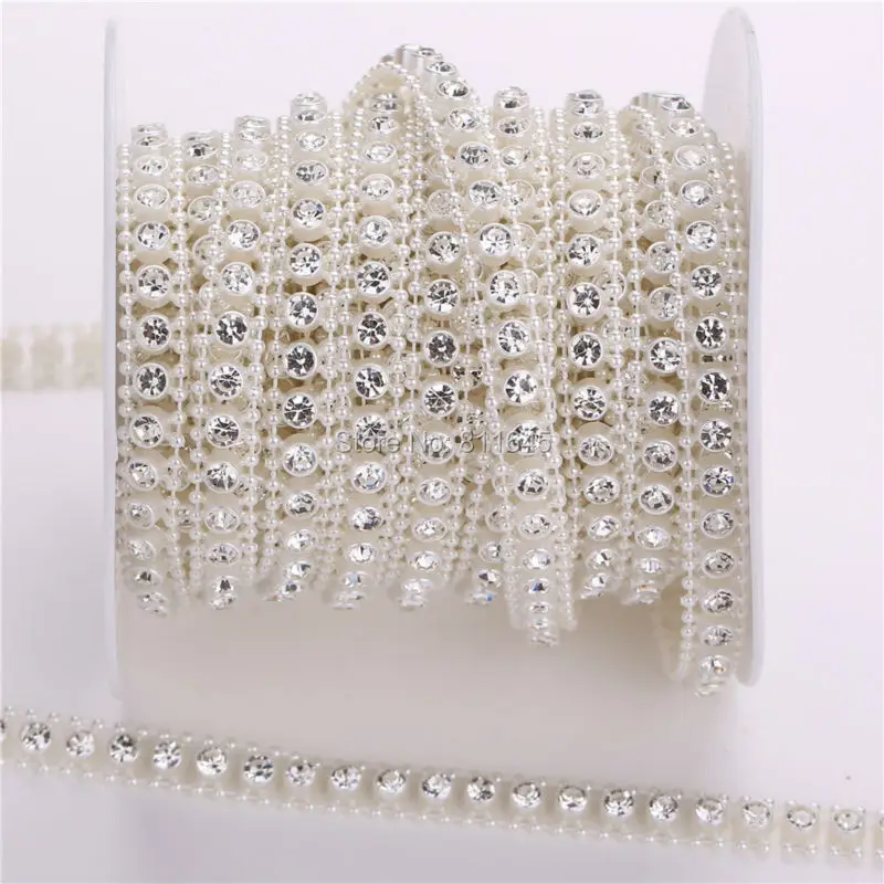 

9mm 10yards/roll Crystal Glass Rhinestone pearl Cup Chain pearl Base With Dress Decoration Trim Applique Sew on Rhinestone Trim
