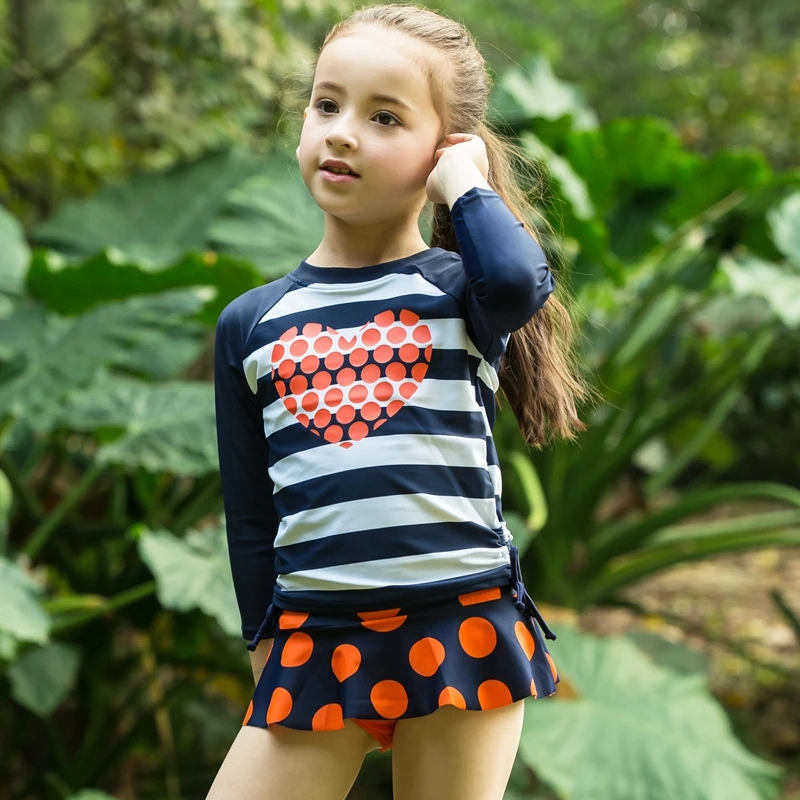 

girl 3-piece set swimuit long sleeve stripe wetsuit dot heart diving suit skirt bottom swimwear Sun Protect UPF50+ 90cm - 150cm