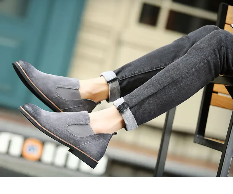 

Fashion Round Toe Flock Men Chelsea Boots Winter Low Slip-On Vintage Motorcycle Boots Ankle Casual Sewing British Style Shoes