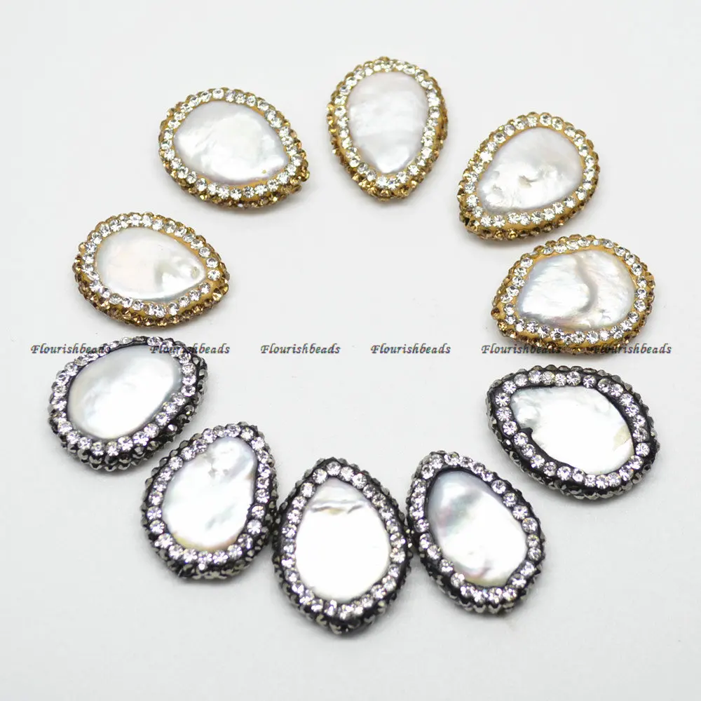 

Natural White Fresh Water Pearl Flat Drop Pear Loose Beads Paved Crysta on Side DIY Jewelry Supplies