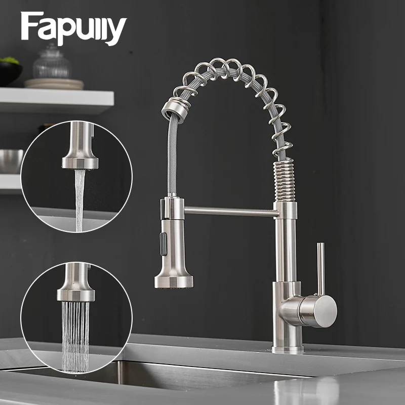 Fapully Kitchen Faucet Spring Single Handle Brass Pull Down LED Kitchen Tap Swivel 360 Degree Water Mixer Tap Mixer Tap 1094