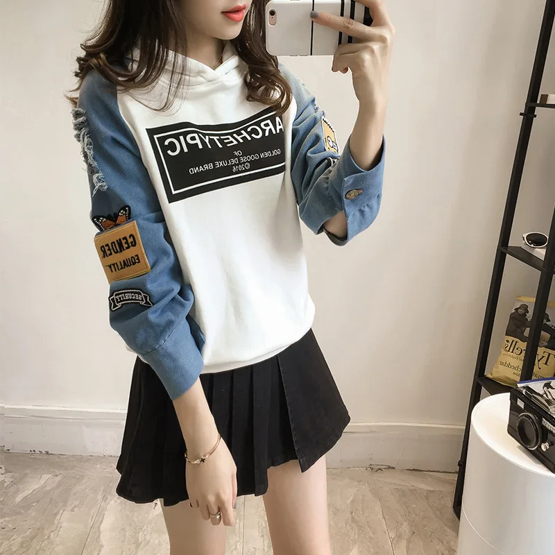 

New 2019 loose hole denim long sleeve hood streetwear hoodies