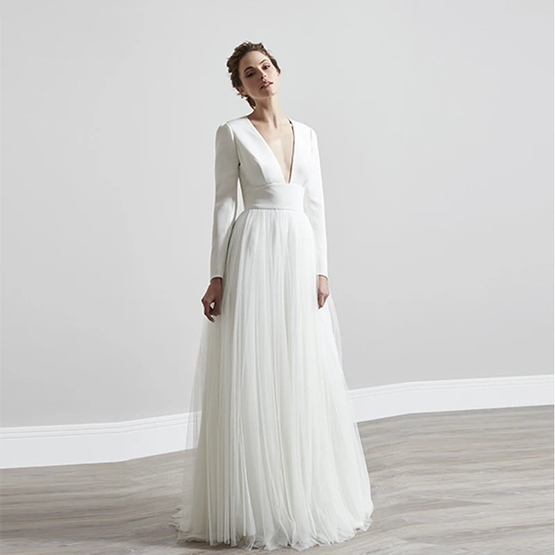 Verngo Simple A-line Wedding Dress Open Back Gowns Vintage Long Sleeve Bride свадебное платье 2021 | Свадьбы и