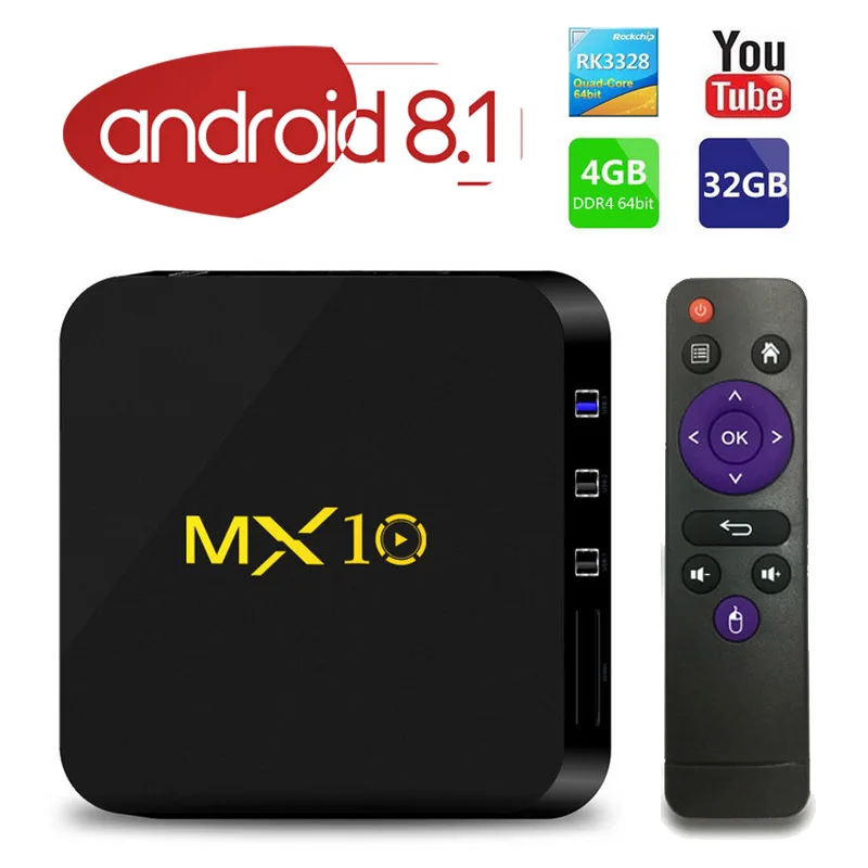 

Android 8.1 TV Box MX10 4GB/32GB RK3328 Quad-Core 2.4G WiFi VP9 H.265 HDR10 4K USB 3.0 IPTV Smart Media Player