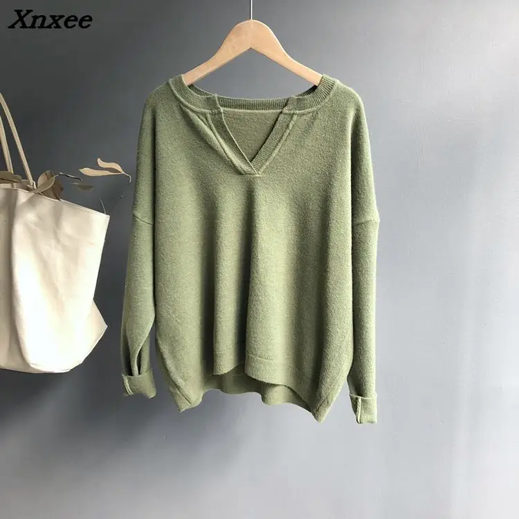 Xnxee Autumn Knitted Pullover Chic Solid V Neck Knitting Femme Harajuku Loose Women Khaki Blue White Sweater Pullover Jumper Xnxee Autumn Knitted Pullover Chic Solid V Neck Knitting Femme Harajuku Loose Women Khaki Blue White Sweater Pullover Jumper