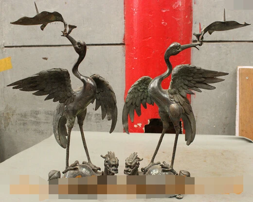 

bi003129 16" Folk Chinese 100% Pure Bronze Dragon Turtle Crane Statue Candle Holder Pair