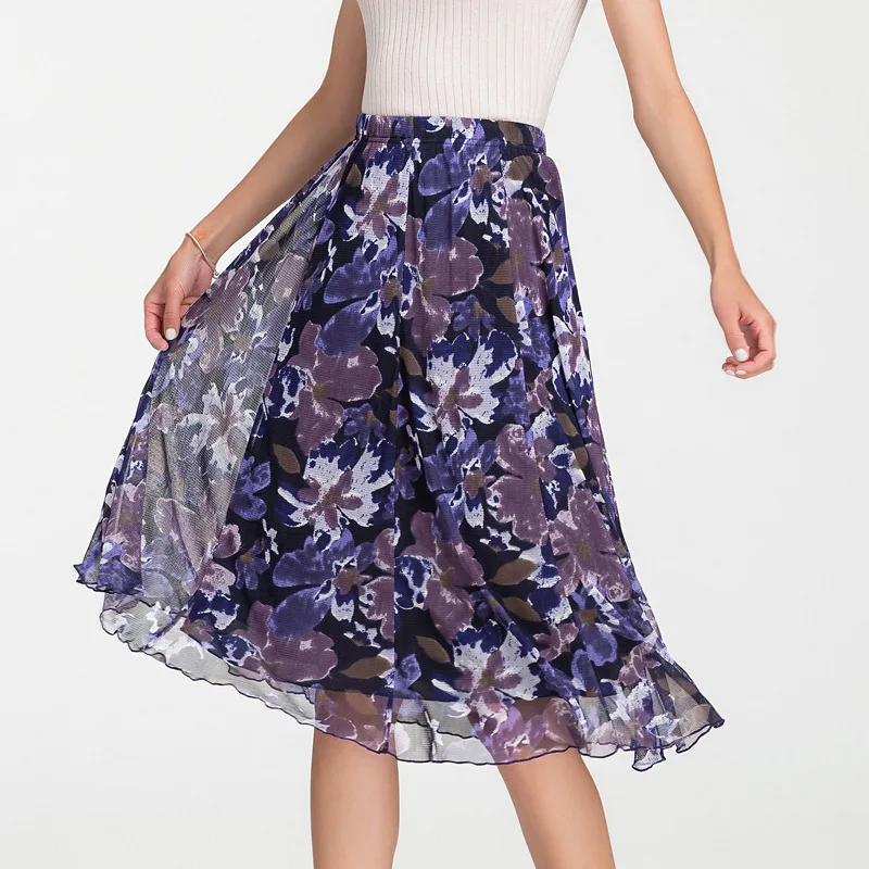 Шелковые женские летние юбки, Женская длинная юбка, Длинная женская юбка с двойным принтом, юбка из чистого шелка - Цвет: Фиолетовый