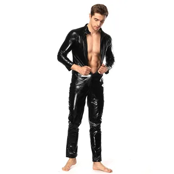 

Wetlook Faux Leather Catsuit Men Sexy Lingerie Open Bust Teddy Mens Bodysuit Erotic Men's Nightclub DS Costume Short zipper