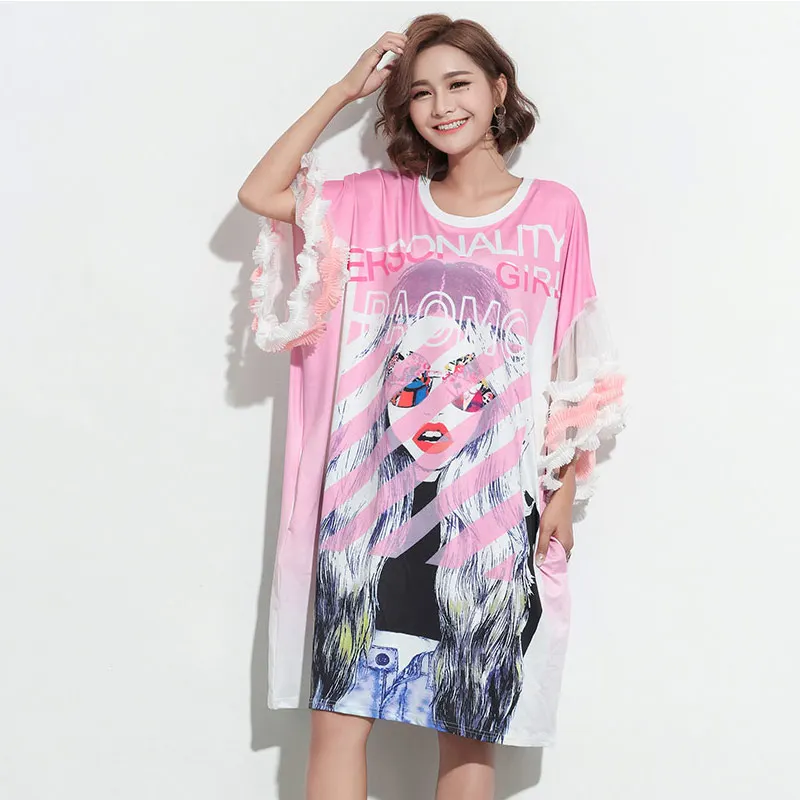 

TREND-Setter 2018 Summer Loose Cartton Dress Women Mesh Butterfly Sleeve Street Style Young Girl Printing Dresses Oversize