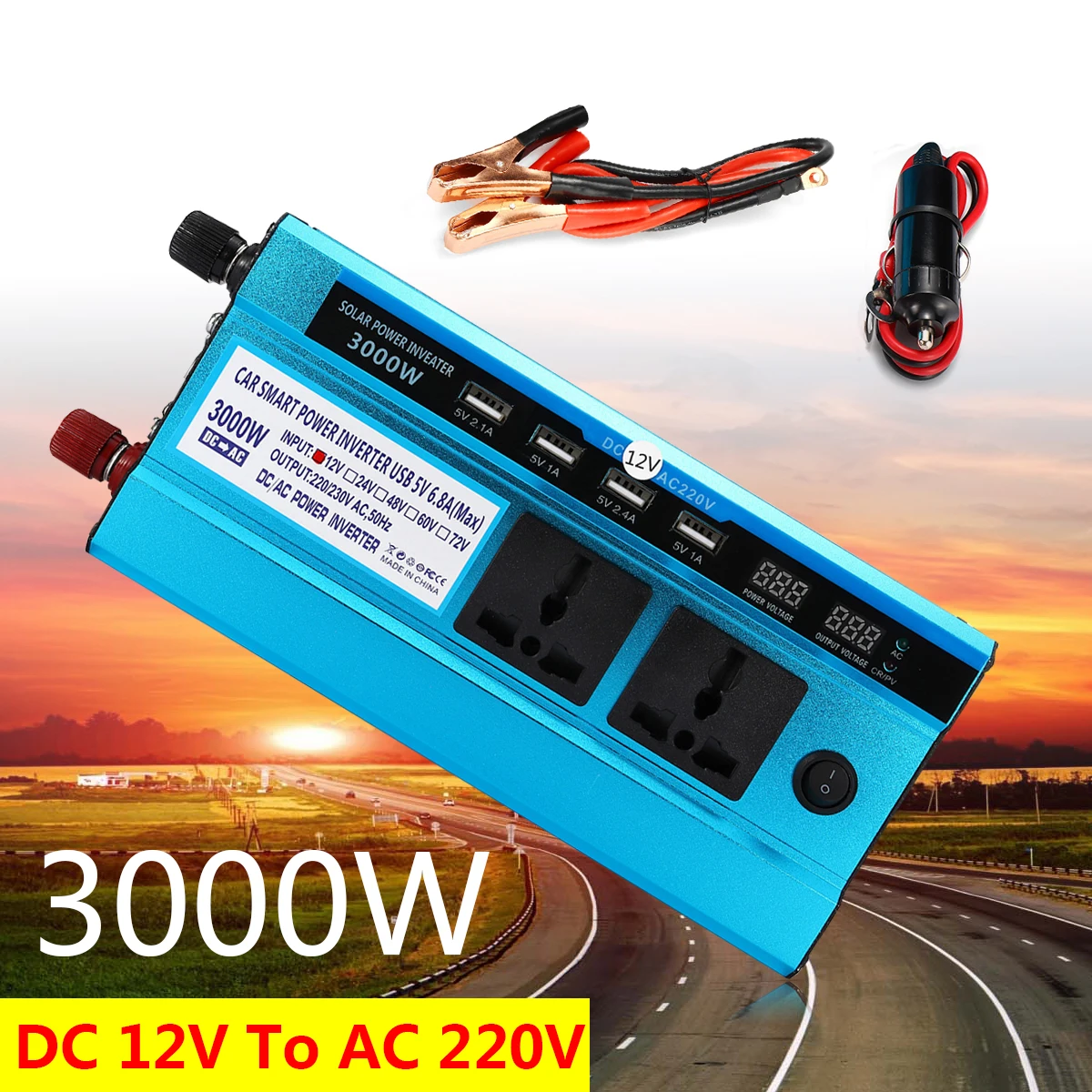 

Voltage Transformer USB Converter Solar Power Inverter Car LED Peak 3000W DC 12/ 24V to AC 220V Sine Wave Digital Display