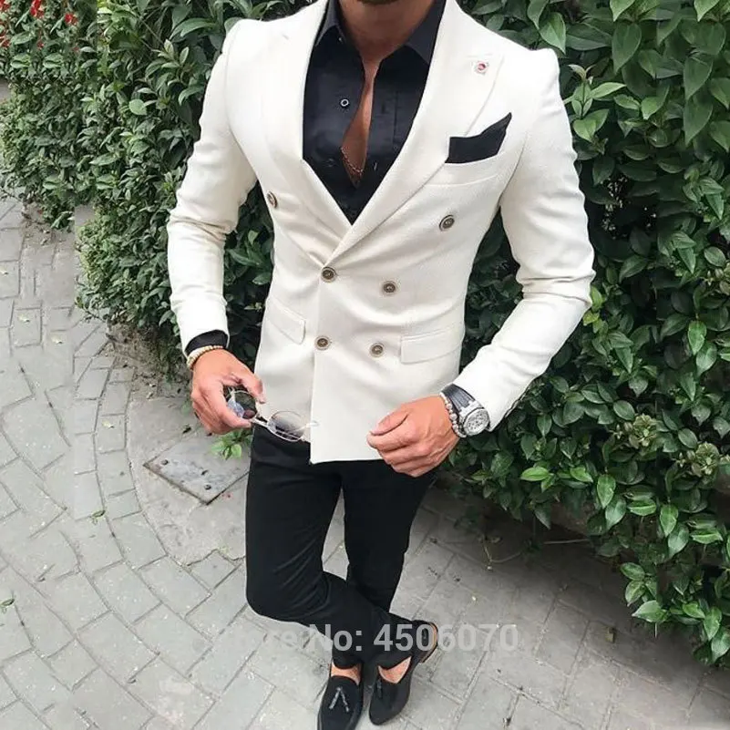 

Ivory Mens Suits Casual Business Slim Fit Wedding Tuxedos Double Breasted Groom Wear Bridegroom Costume Homme 2Pcs Jacket Pants