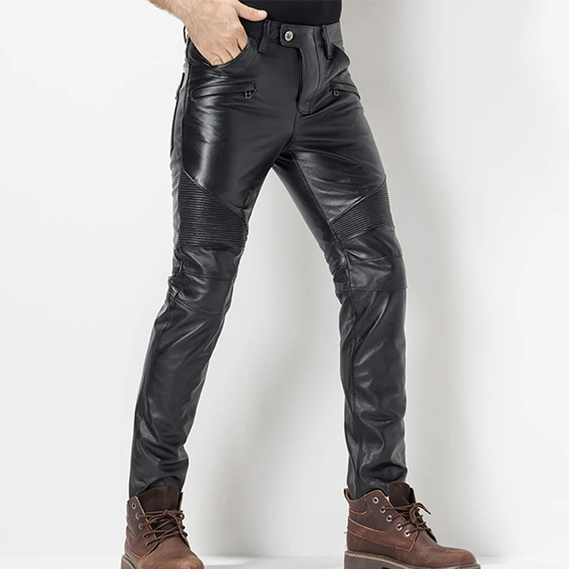 Vintage Biker Leather Pants Genuine Leather Pants with belt Trousers