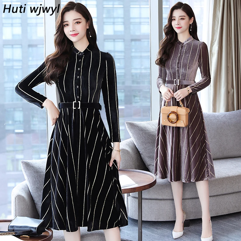 

2019 Autumn Winter New Plus Size Vintage Midi Dresses Korean Women Bodycon Gold Velvet Dress Party Black Striped Runway Vestidos