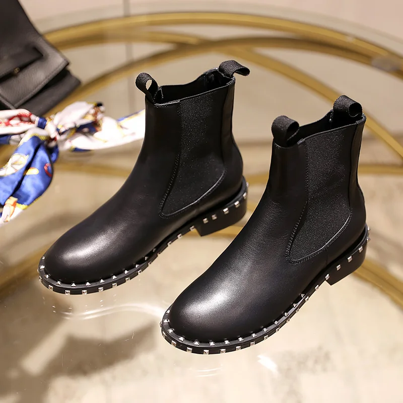 

Studded Motorcycle Boots Women Black Leather Vintage Shoes Woman Slip-on Dress Ankle Botas Mujer Brand Shoes Booties Leather 40