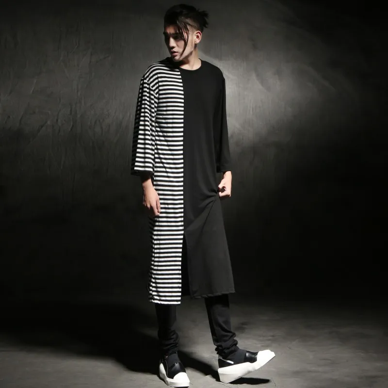 

2016 spring summer punk style Night costumes Striped splicing T shirts men Long section casual stitching T-shirts for men,M-XL