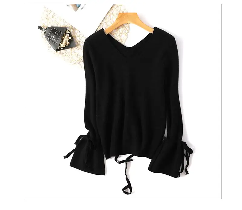 V Neck Sweater Women Knitted Pullover Winter 2018 Lace-up Top Casual Woman Flare Long Sleeve Ladies Sweaters and Pullovers Solid (6)