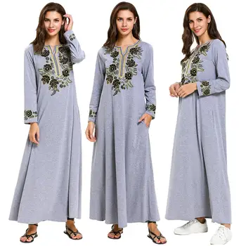

Muslim Women Embroidery Long Dress Casual Loose Robe Gown Dubai Jilbab Gray Abayas Ankle-Length Pockets Islamic Clothing Fashion