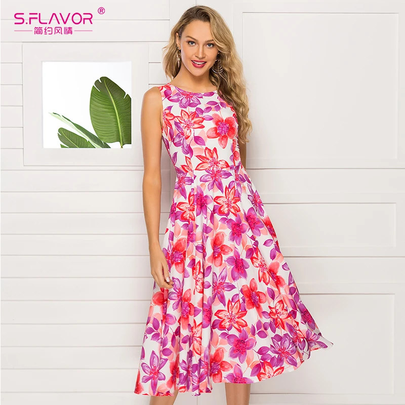 

S.FLAVOR 2019 Fashion Sleeve Printing Dress Casual O-neck Slim A-line Vestidos De Classic Retro Women Party Dresses