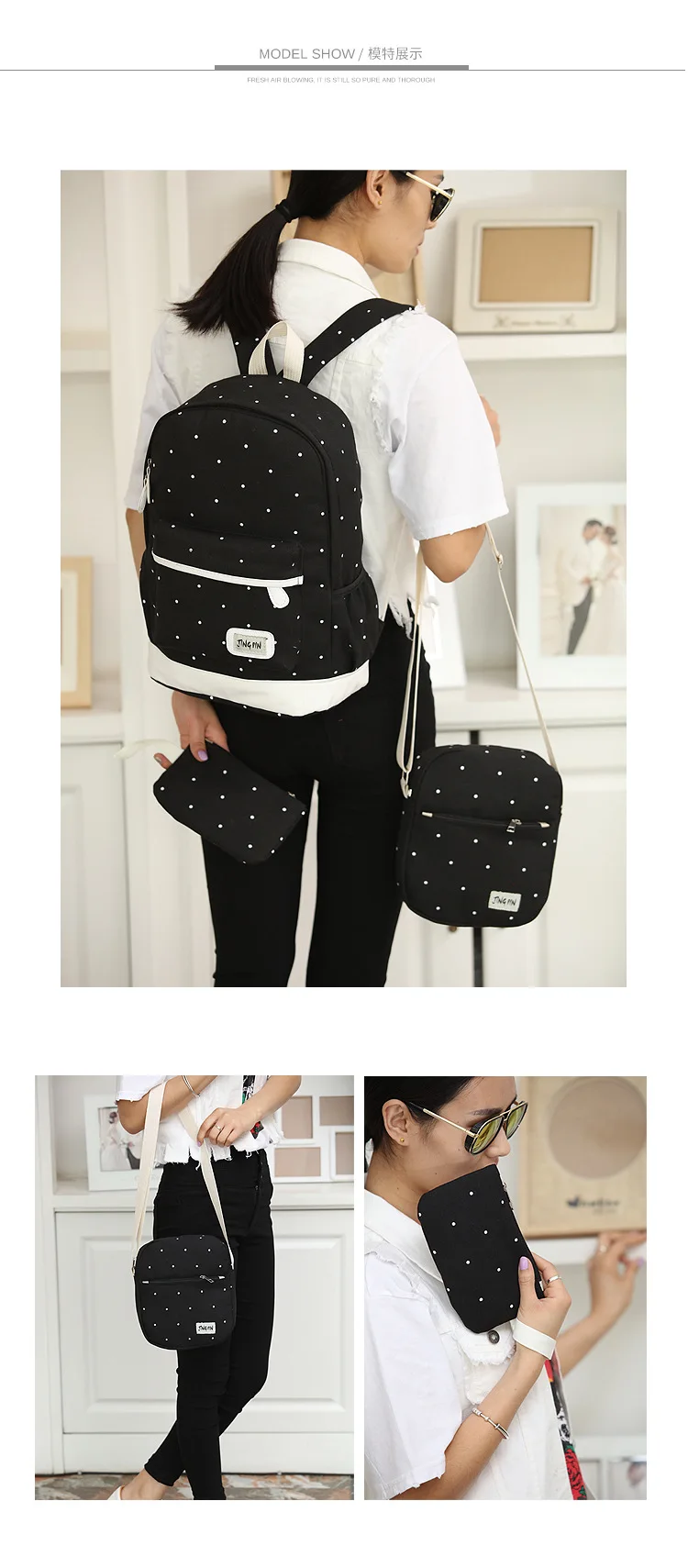 WENYUJH, женские сумки, унисекс, холщовая школьная сумка из трех частей, набор, волнистая точка, три предмета, Студенческая сумка на плечо, рюкзак для путешествий, модный