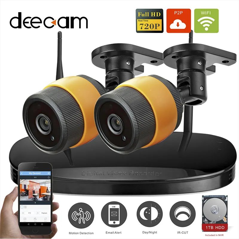 DIY 2pcs 720P Security Cameras 4CH Wifi NVR Kits P2P CCTV System Indoor
