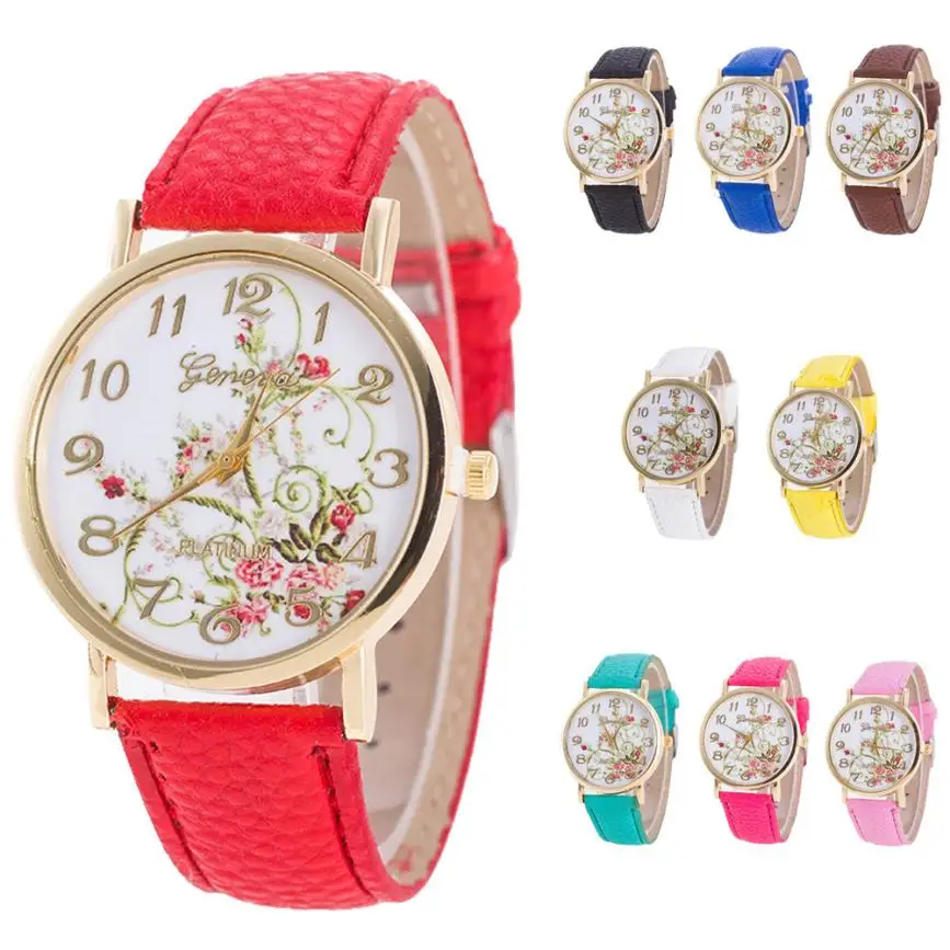 

Geneva Womens Watches Fashion Women Flowers Leather Strap Watches Sport Analog Quartz Wrist Watch For Female relogio feminino A2