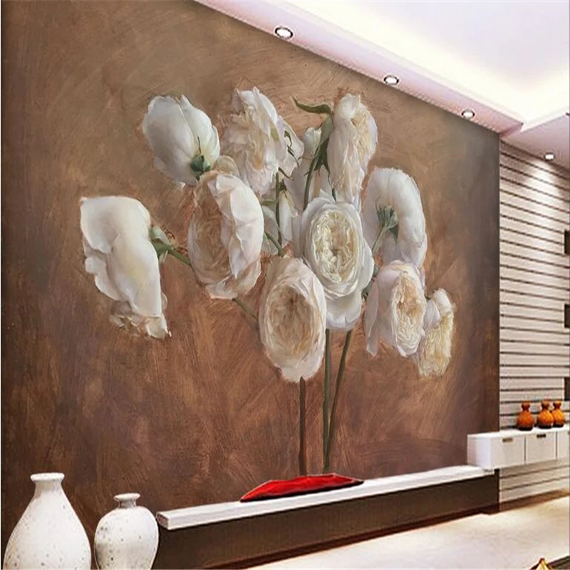 

beibehang Wall paper Custom Wall Sticker Mural European Retro Hand Painted Oil Rose Peony Rose Flower Wallpaper Background Wall