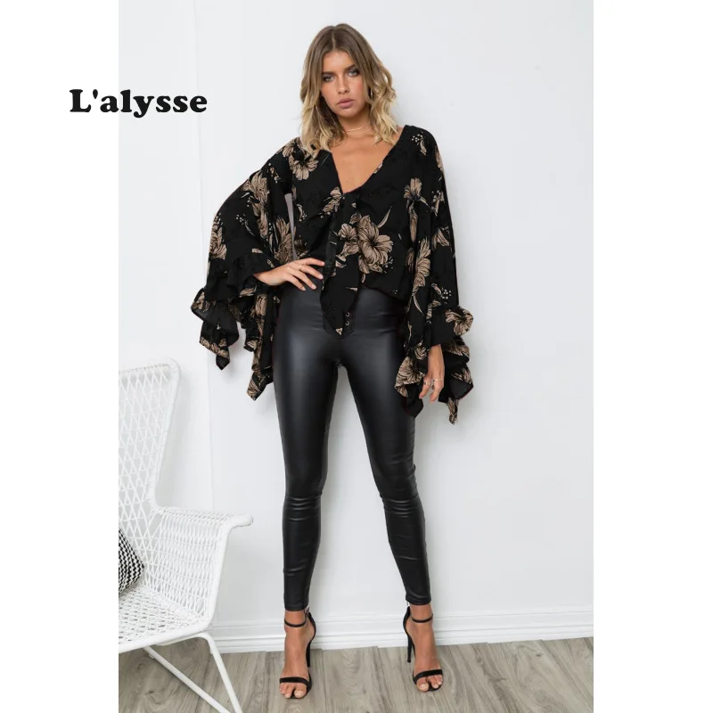Женская шифоновая блуза с рюшами LALYSSE черная блузка длинным рукавом и бантом