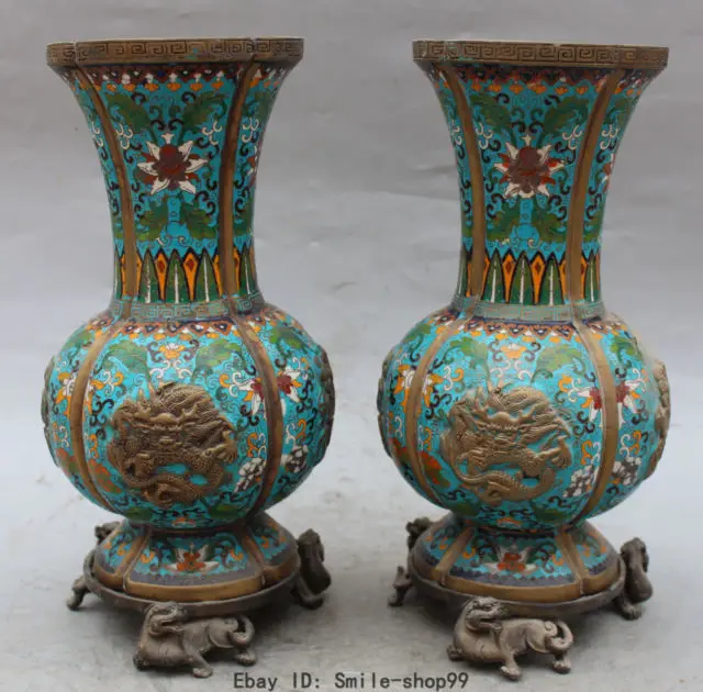 

12" Marked Chinese Cloisonne Enamel Dragon Phoenix PiXiu Vase Bottle Pair Statue Marked Enamel Decoration 100% Brass Bronze
